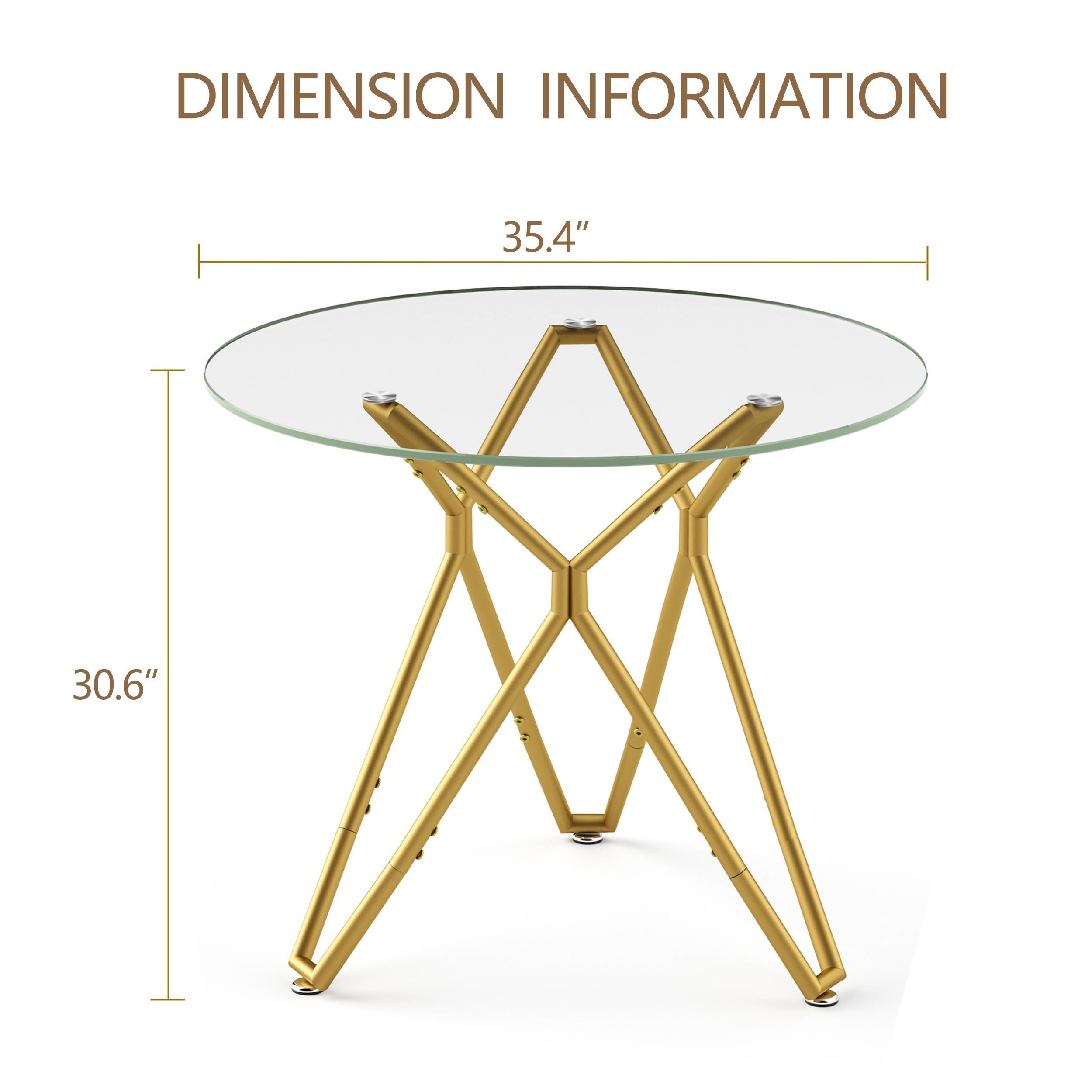 Modern Round Tempered Glass Dining Table with Sturdy Metal Legs for 1-4 People, Gold, 35.4 Inches