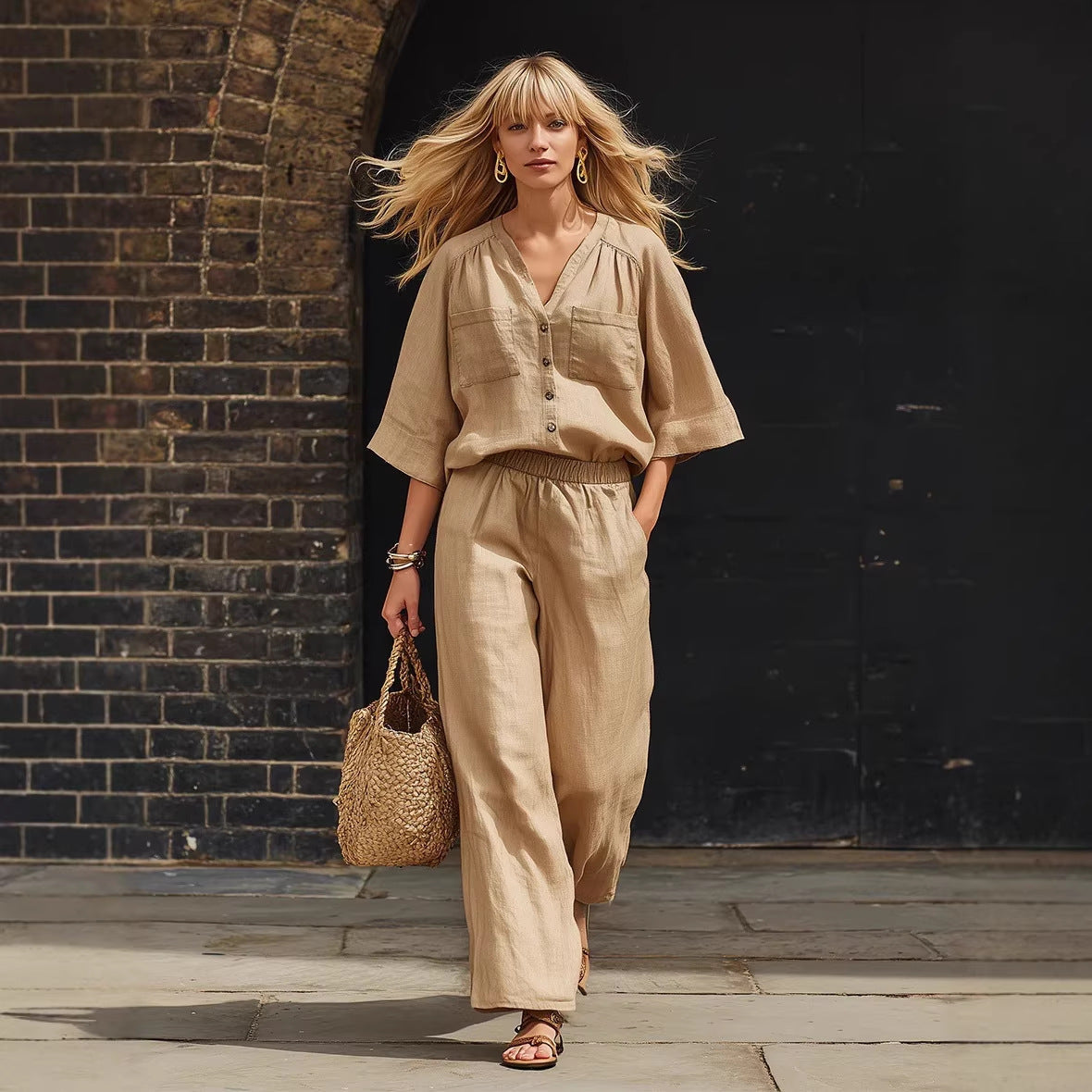 Women's Linen Button-Up Cardigan & Wide-Leg Pants Set – 2-Piece Outfit