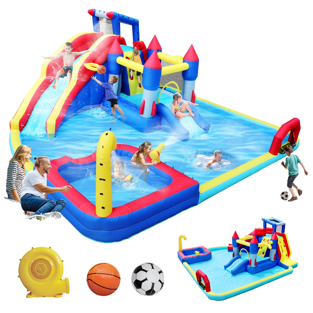 10 in1 Inflatable slide water park  bouncing house garden with splash pool & water gun & basketball & climbing wall & dual pools & soccer