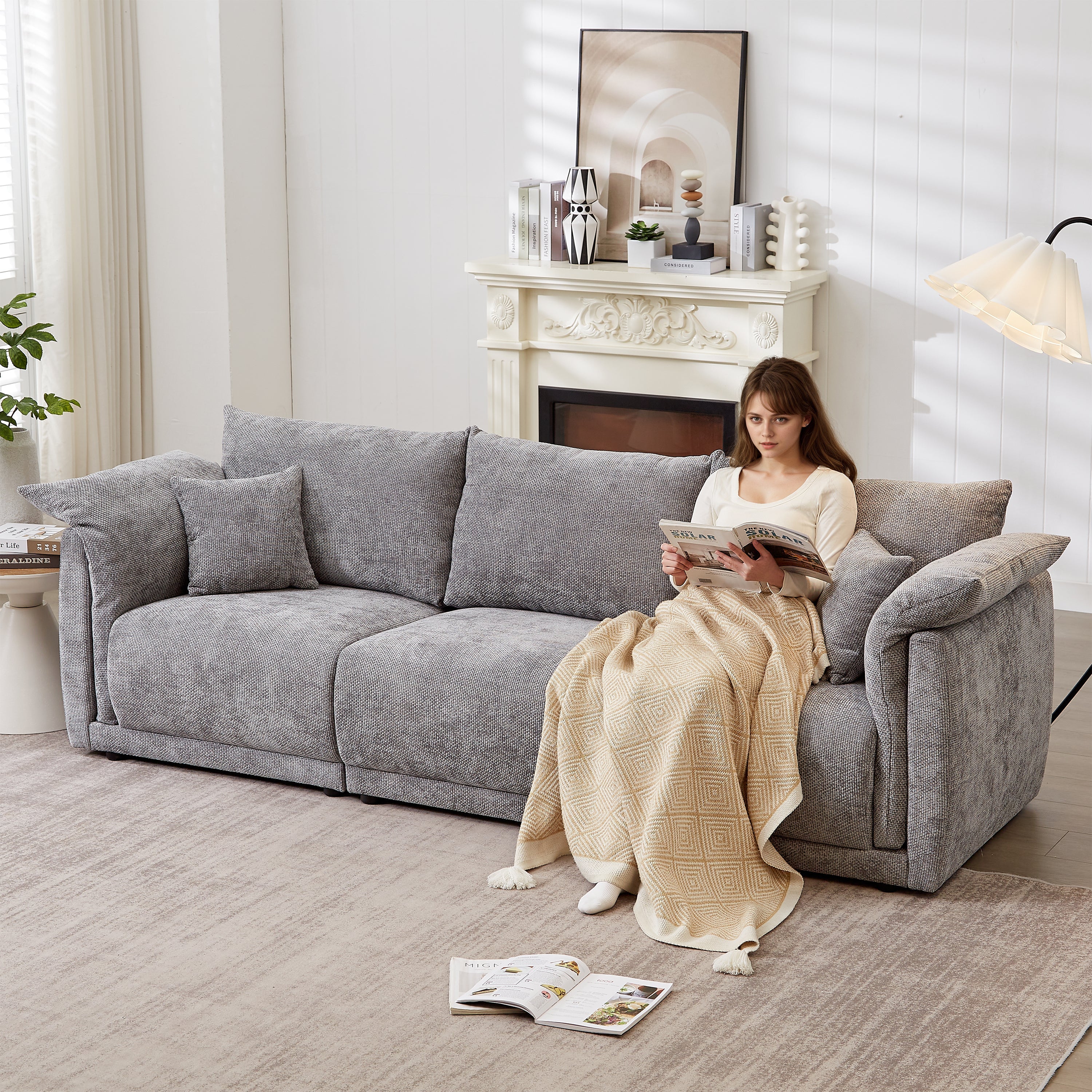 98.5' 3-seater sofa with unique design and soft arm pillows Contemporary style linen sofa with 3 comfortable cushions with 2 pillows Suitable for living room bedroom and office,grey