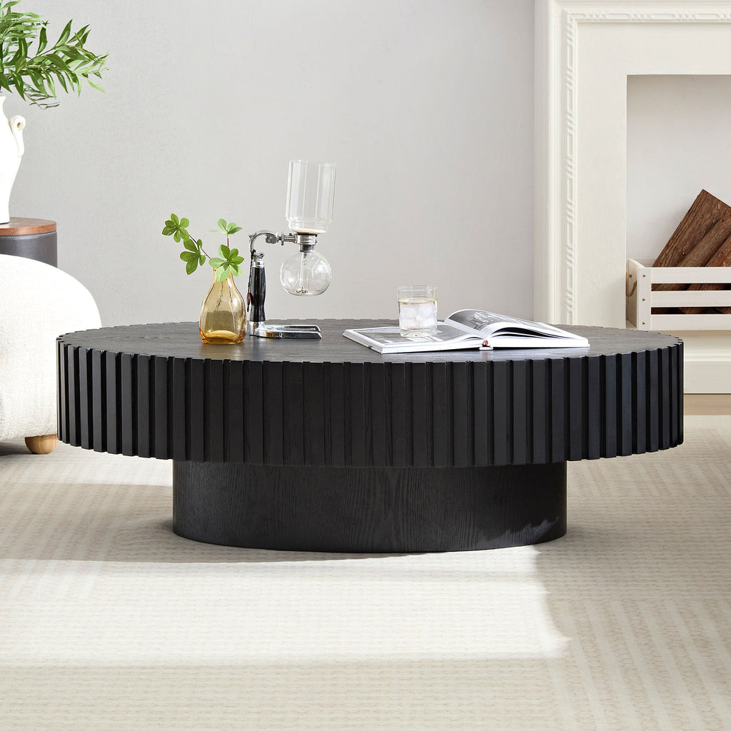 Modern Handcraft Drum Coffee Table Length 43.7 inch Ellipse Coffee Table for Living Room,Oval Small Coffee Table with Sturdy Pedestal,Black MDF