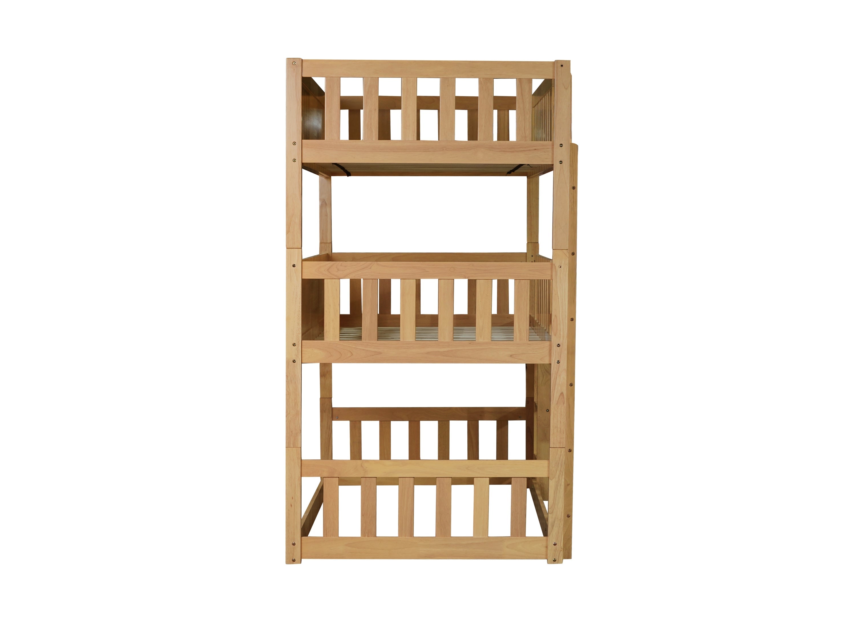 Twin Size Triple Rubber Wood Bunk Bed, with Ladders, Guardrails Detachable Bunk Bed, Twin over Twin over Twin,Natural