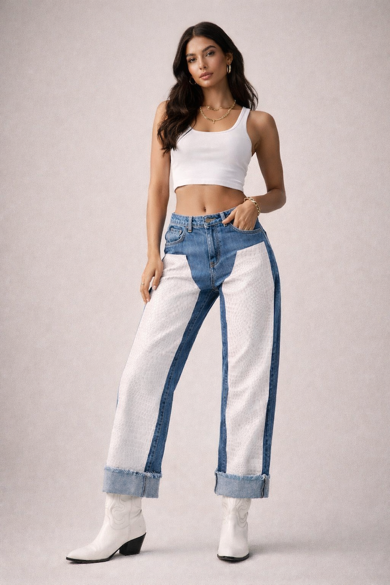 Low Rise Cuffed Jeans with Pink Vinyl Croc Panels