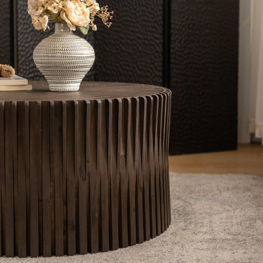 Vintage Fashion Style Cylindrical Nesting Coffee Table Set with Vertical Textured Embossed Design for Living Room, Office and Dining Room, Dark Brown (Set of 2)