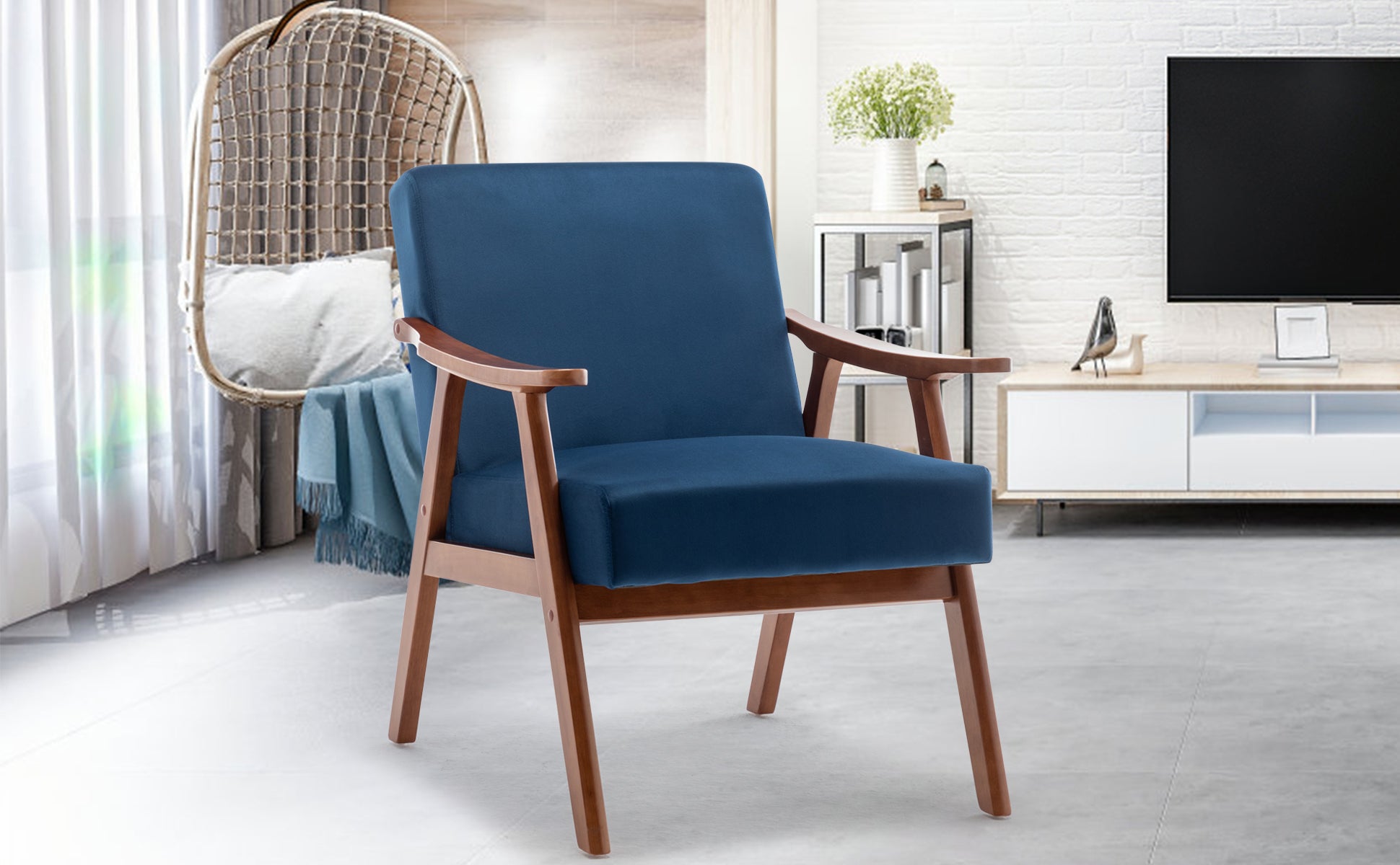 Mid-Century Modern Chair, Living Room Chair with Solid Wood Frame, Accent Chair Extra-Thick Backrest, Wingback Chair for Bedroom, Reading Room, Living Room, Lounge Chair Indoor