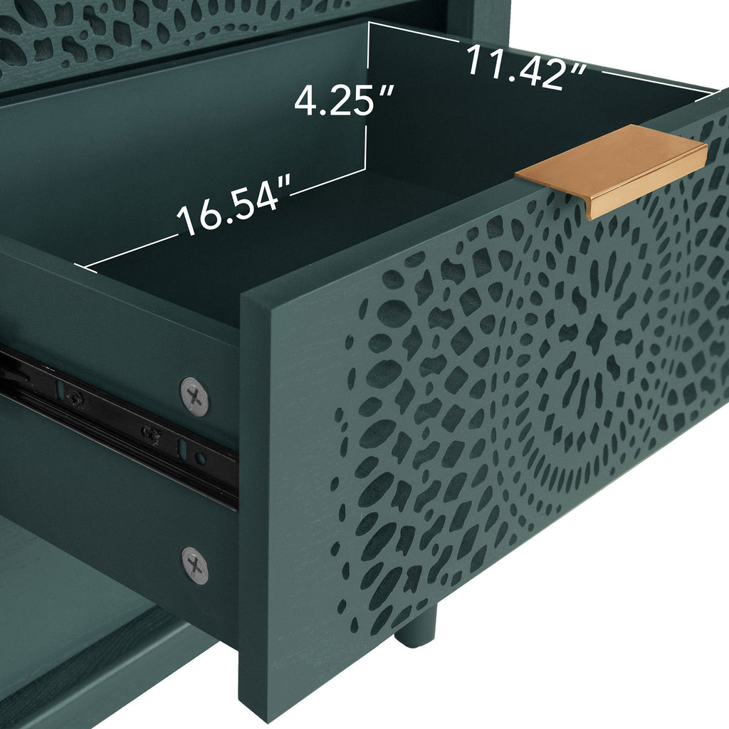 Blackish Green Hollow-Carved 3-Drawer Dresser with Metal Handles, MDF Storage Chest for Living Room or Bedroom