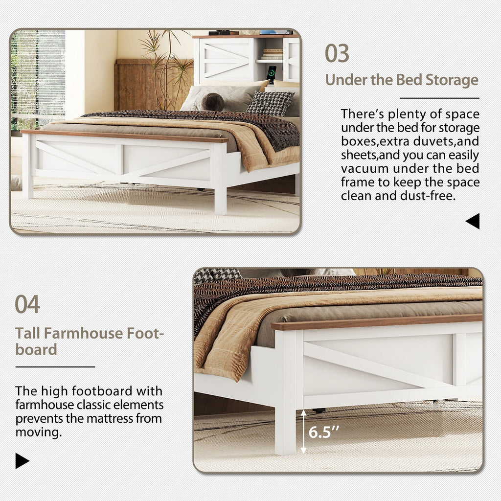 3-Pieces Bedroom Sets Queen Size  Farmhouse Platform Bed with Double Sliding Door Storage Headboard, Storage Nightstand and Dresser, White+Brown(Old SKU HL000092AAK)