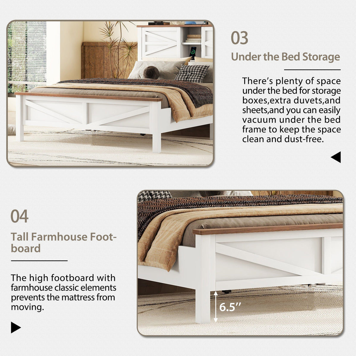 3-Pieces Bedroom Sets Queen Size  Farmhouse Platform Bed with Double Sliding Door Storage Headboard, Storage Nightstand and Dresser, White+Brown(Old SKU HL000092AAK)