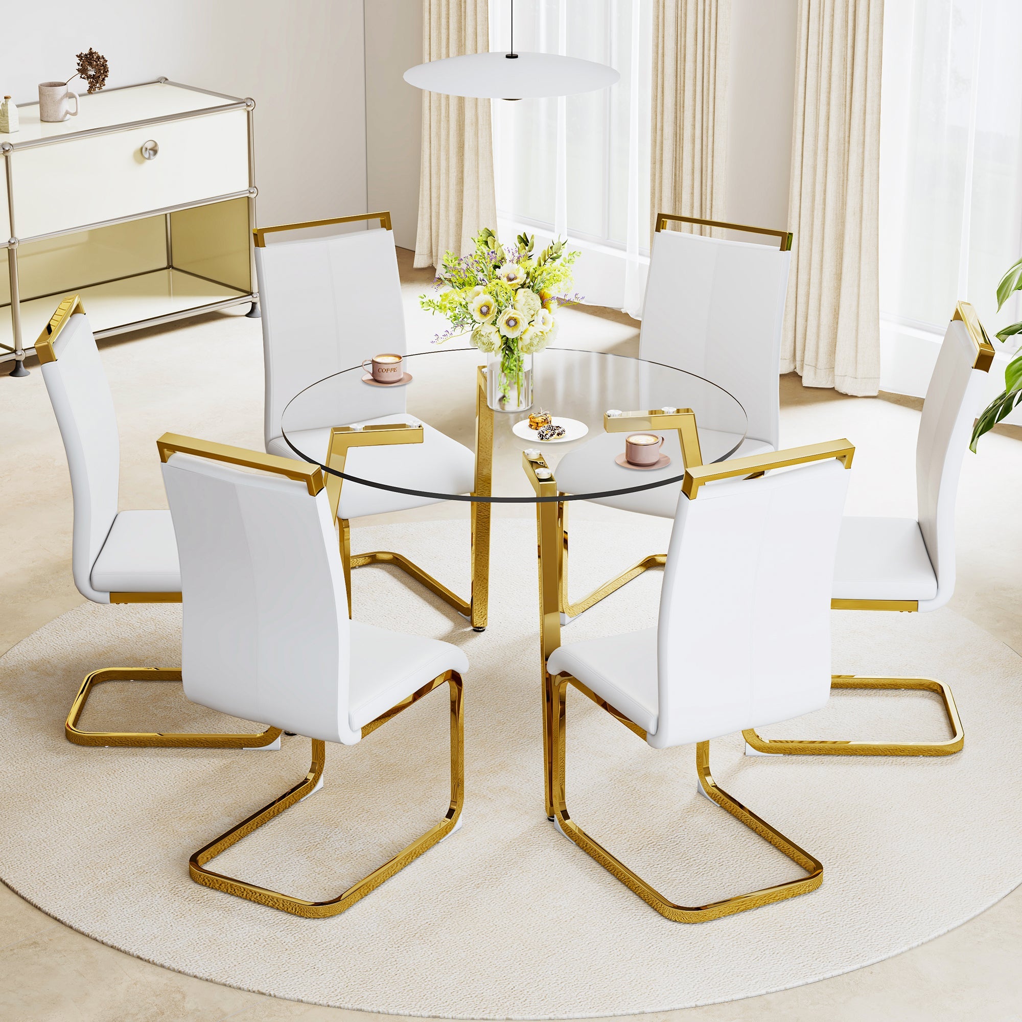 Modern minimalist style circular transparent tempered glass table, tempered glass tabletop, golden metal legs, suitable for kitchen, dining room, and living room, 42 '* 42' * 29.5 '1123r