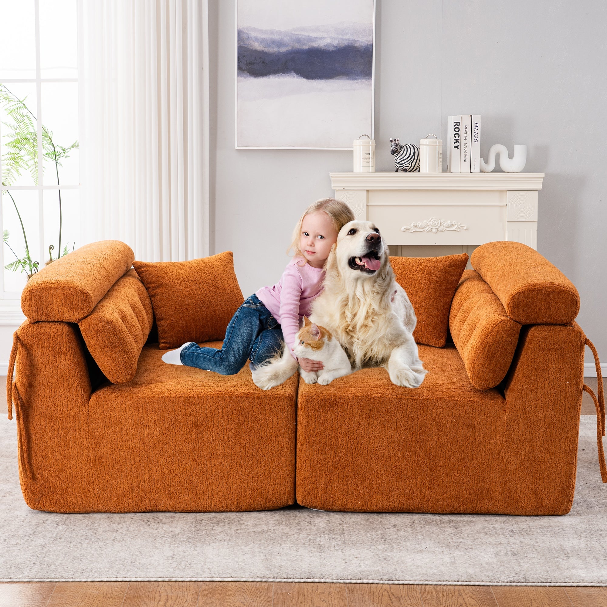 LY-029 Reconfigurable 4-Seater Sectional Sofa with Wood Grain Chenille Fabric, Amber Orange Modular Sofa with 2 Pillows, High-Density Sponge Couch for Living Room & Apartment