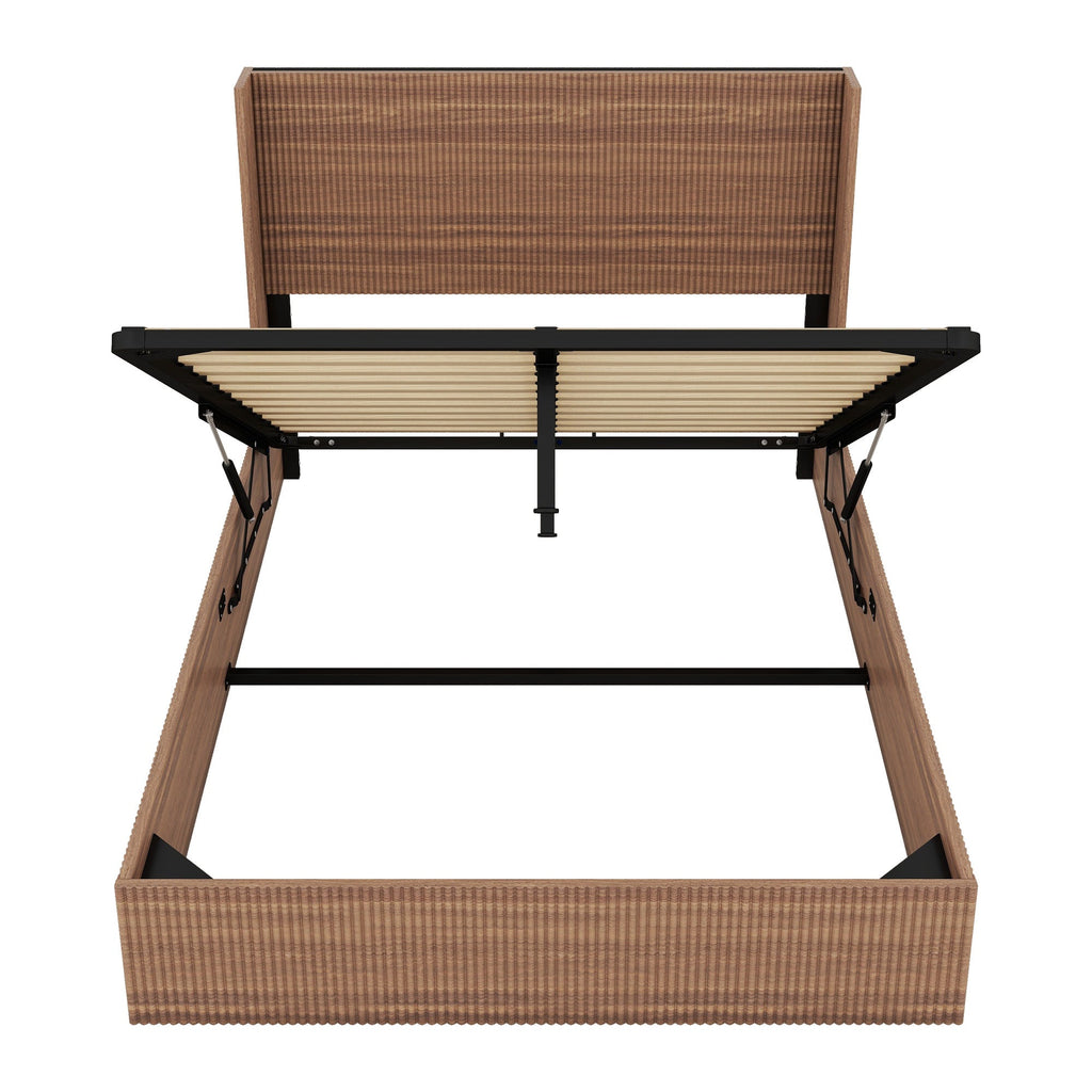 Large grooved undulating lift storage bed frame, wooden platform bed frame with lift storage, no spring box required/no noise, rustic brown slatted natural wood(
Queen)