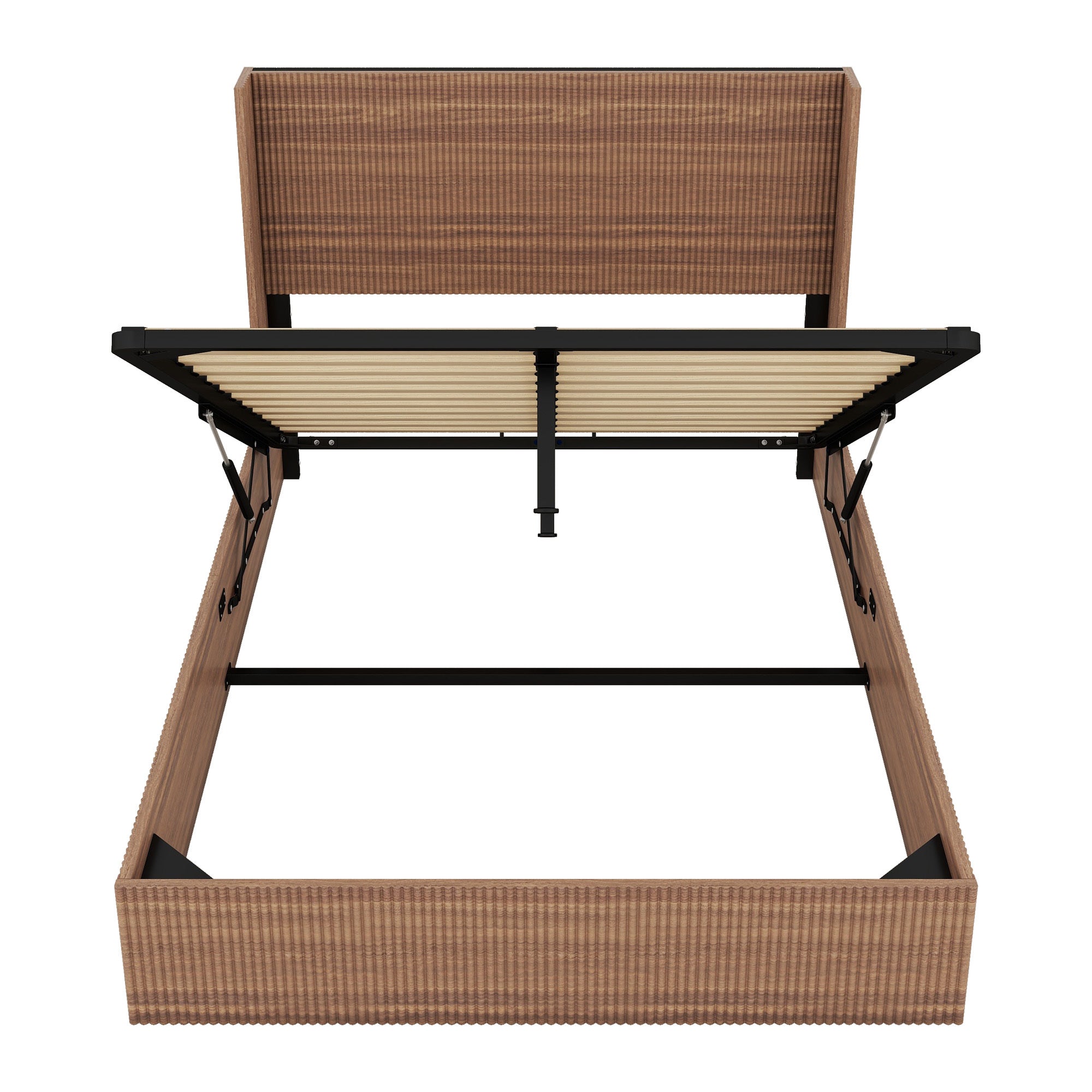 Large grooved undulating lift storage bed frame, wooden platform bed frame with lift storage, no spring box required/no noise, rustic brown slatted natural wood(
Queen)