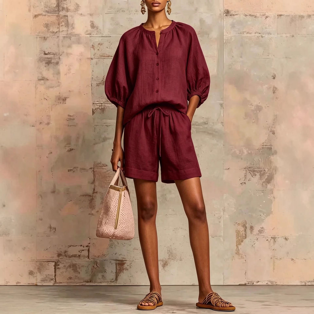 Women's Bubble-Sleeve Top & Drawstring Shorts Set