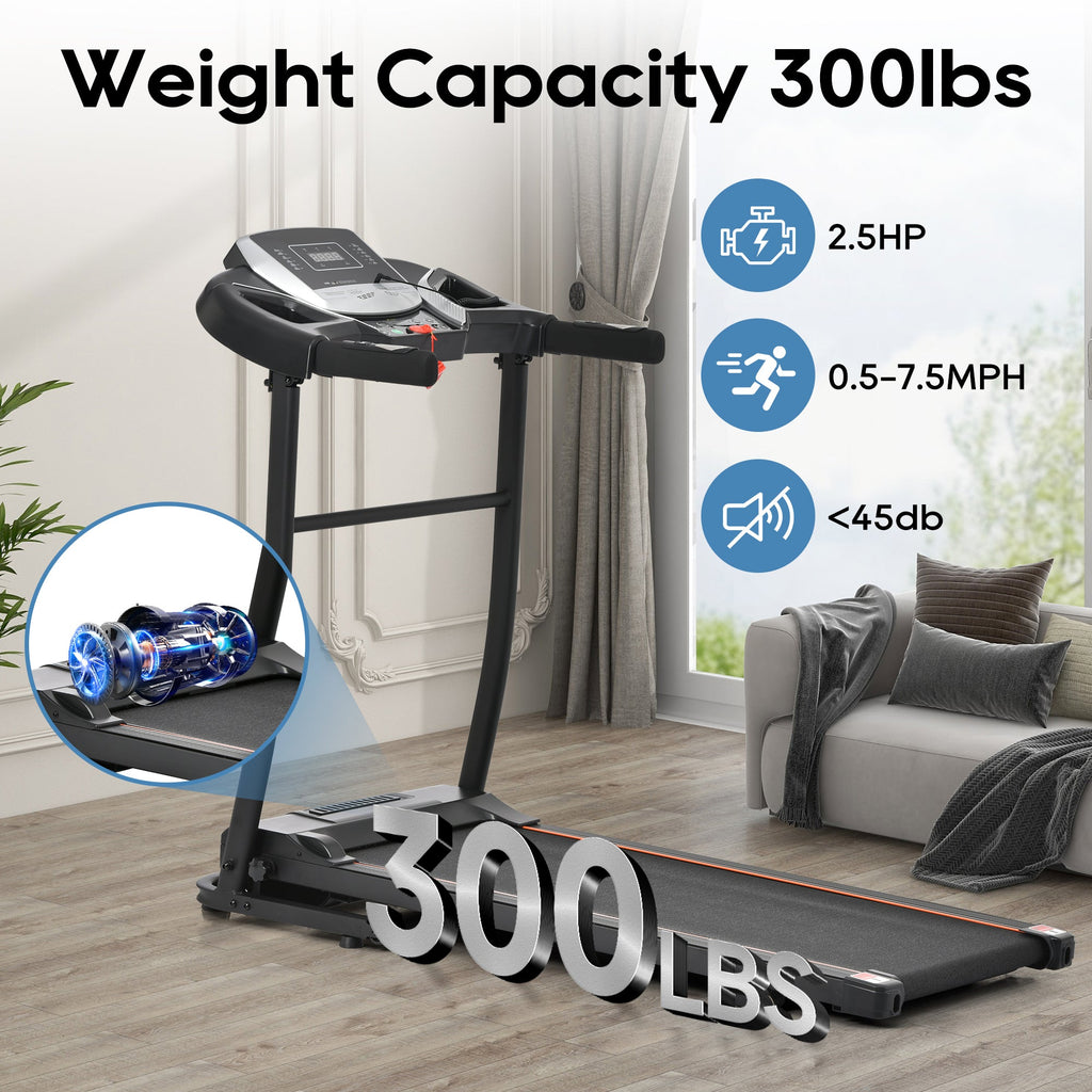 Treadmills for Home, Folding Treadmill with Incline and Heart Rate Sensor, 2.5HP Quiet Brushless with USB Charge Station, Small Space Portable Running Walking Machine, 300lbs Weight Capacity