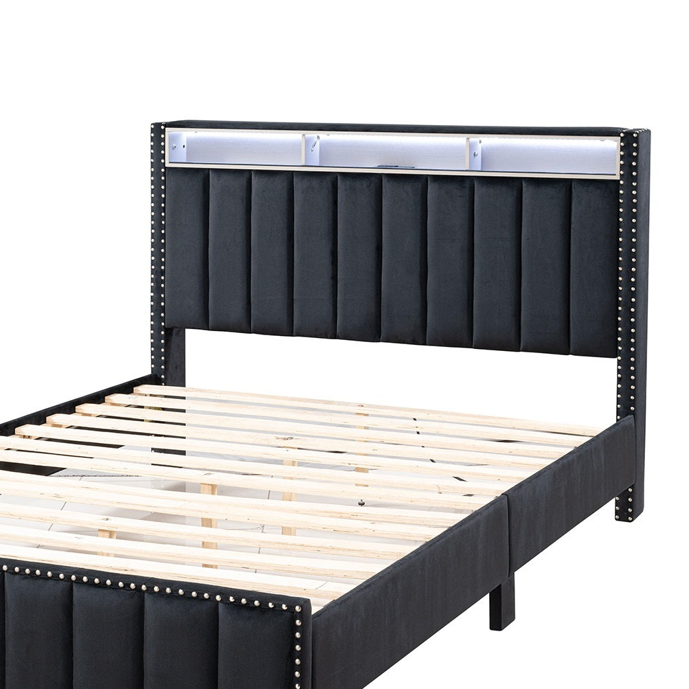 Queen Size Bed And 2x Nightstands Bedroom Furniture Luxury Look Black Fabric Upholstered Bedframe w LED Nailhead Trim 3pc Bedroom Set