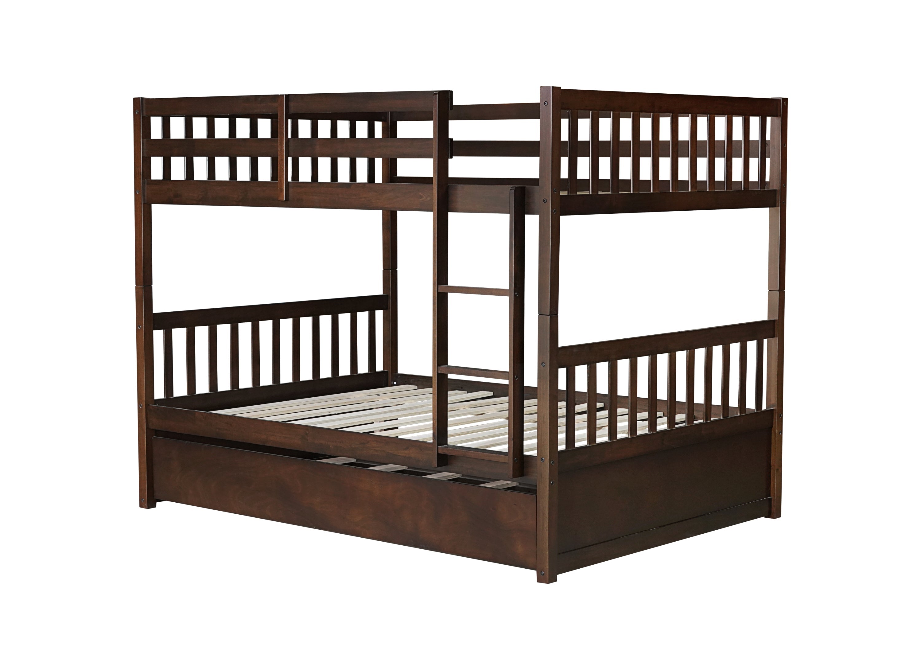 Full Over Full Rubber Wood Bunk Bed with Trundle, Ladder and Guardrails, Convertible to 2 Full Size Beds, with Twin Size Trundle ,Espresso