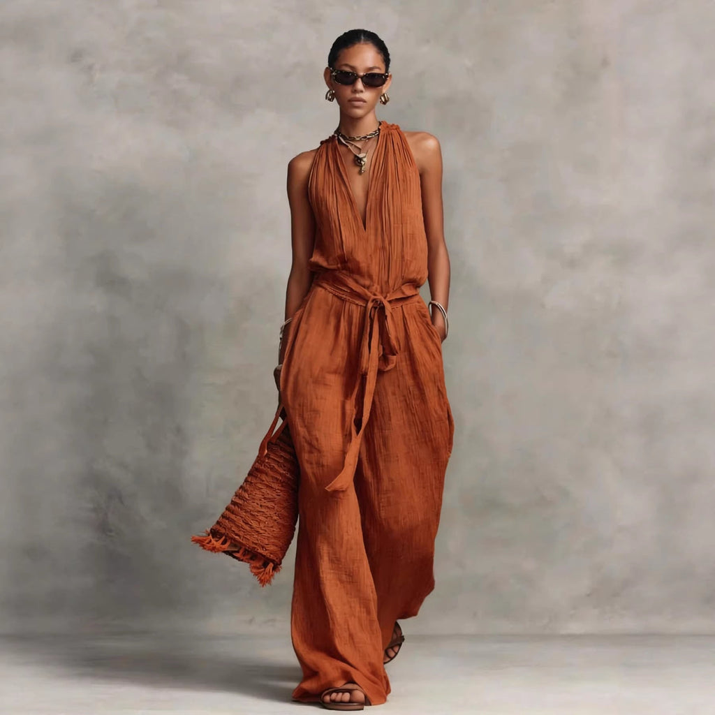 Lace-Up Sleeveless Straight-Leg Jumpsuit | Cotton-Blend