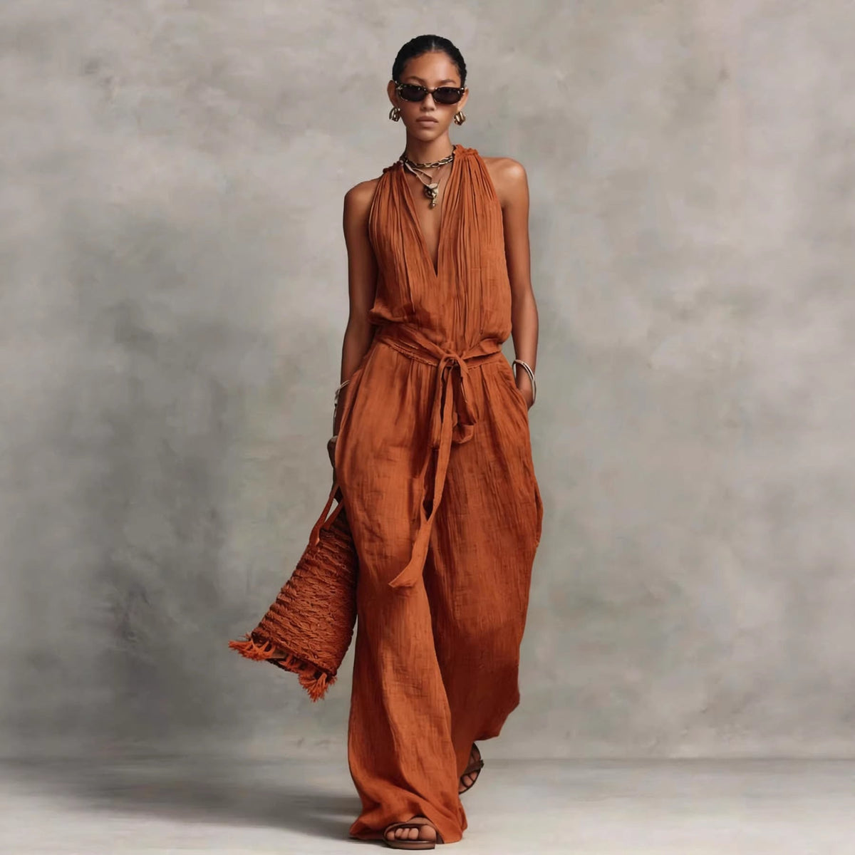 Lace-Up Sleeveless Straight-Leg Jumpsuit | Cotton-Blend