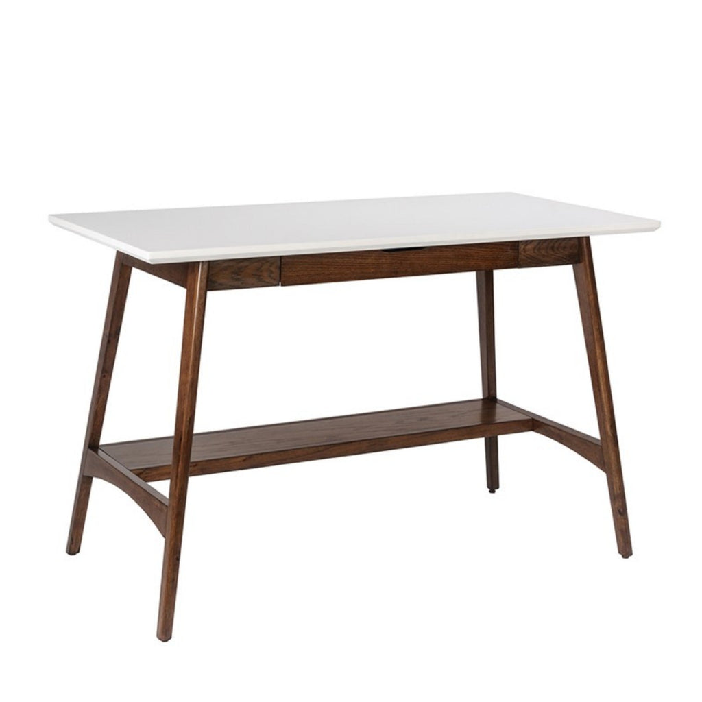 Parker Mid-Century Desk with Storage Shelf in Off-White and Pecan Wood