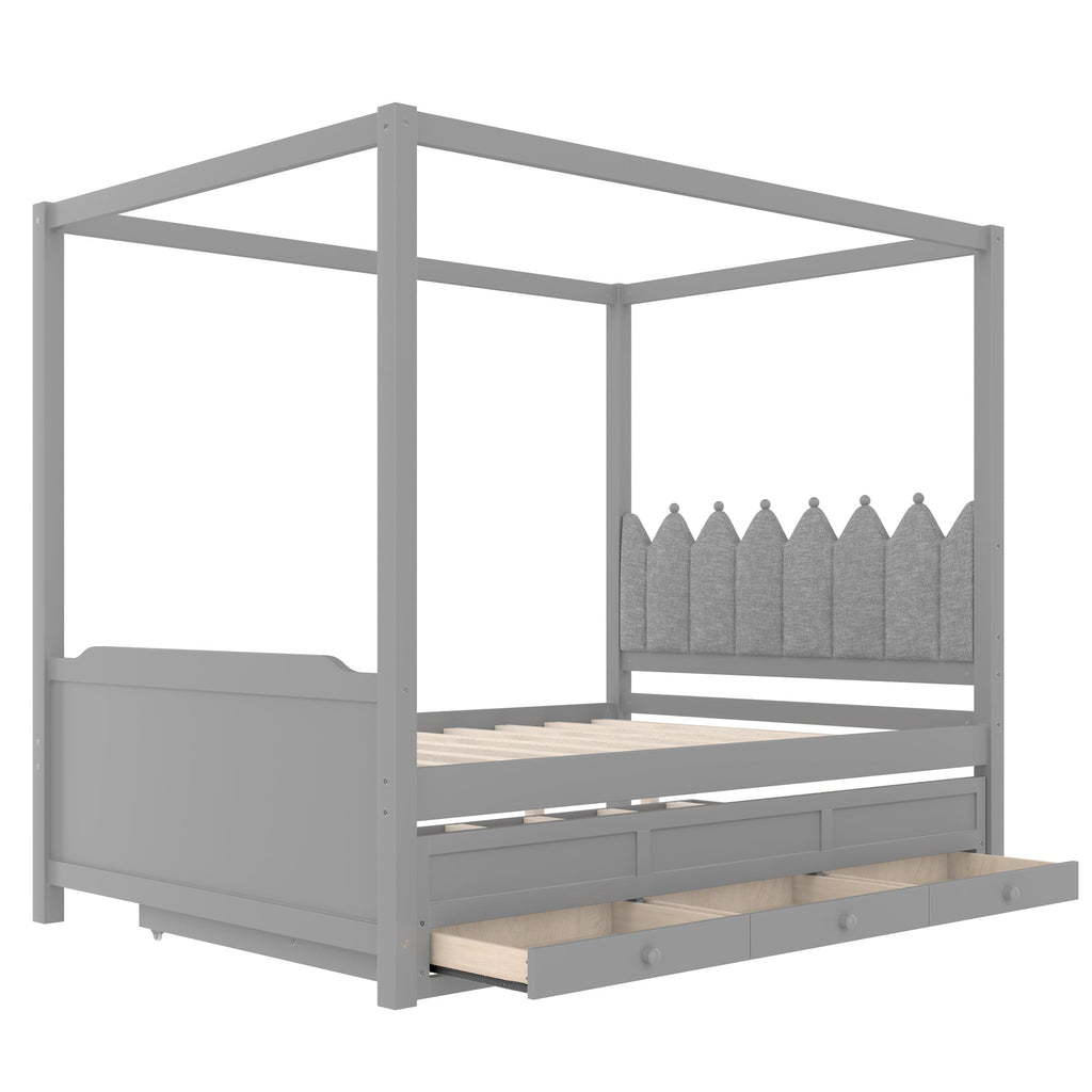 Full Platform Bed with Upholstered Headboard,Twin Size Trundle and 3 Drawers,Princess Canopy Bed Frame for Kids,Storage & Easy Assembly,Gray.