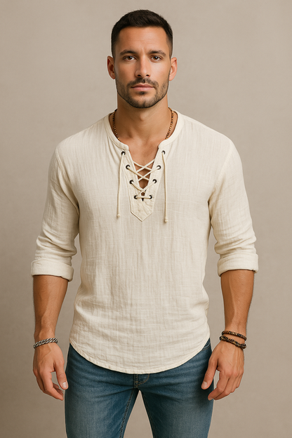 Men’s Lace-Up Linen Shirt – Casual Vintage Look, Short Sleeves