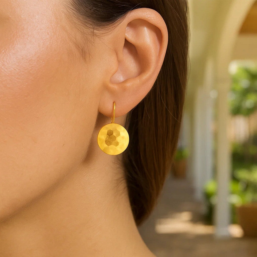 14k Yellow Gold Hammered Texture Disc Drop Earrings Medium