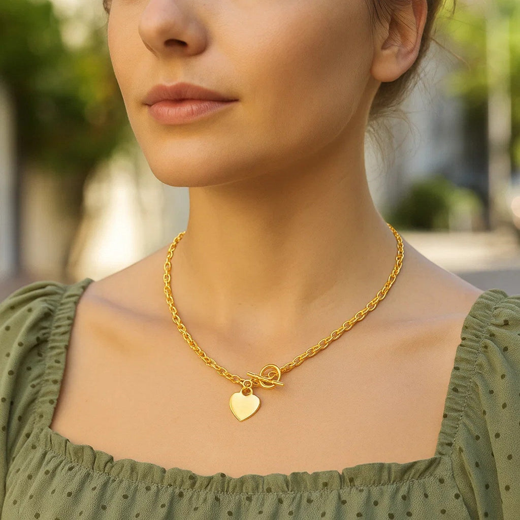 Toggle Necklace with Heart Charm in 14k Yellow Gold