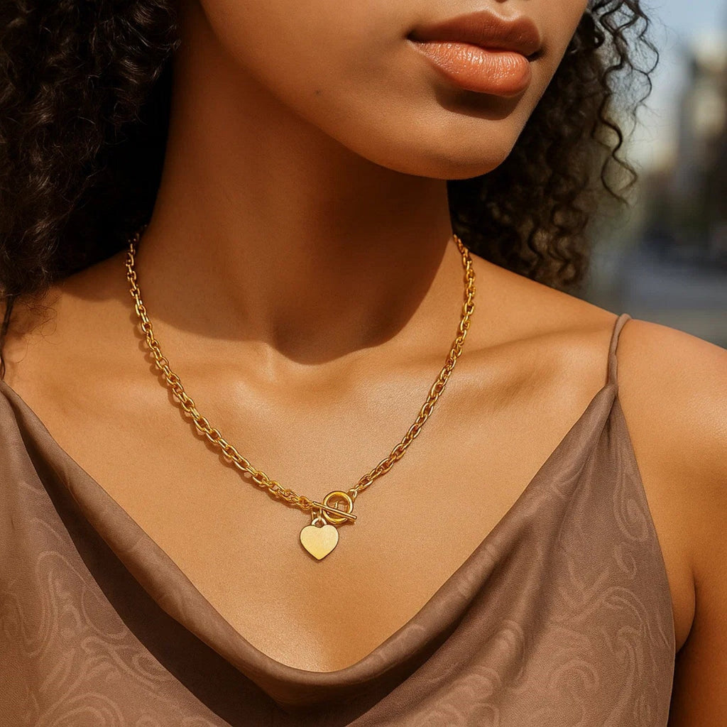 Toggle Necklace with Heart Charm in 14k Yellow Gold