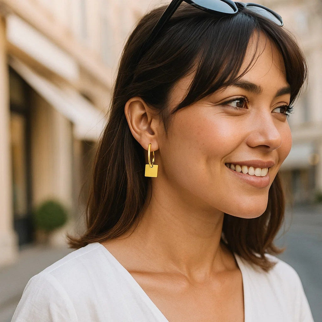14k Yellow Gold Huggie Style Hoop Earrings with Square Drops