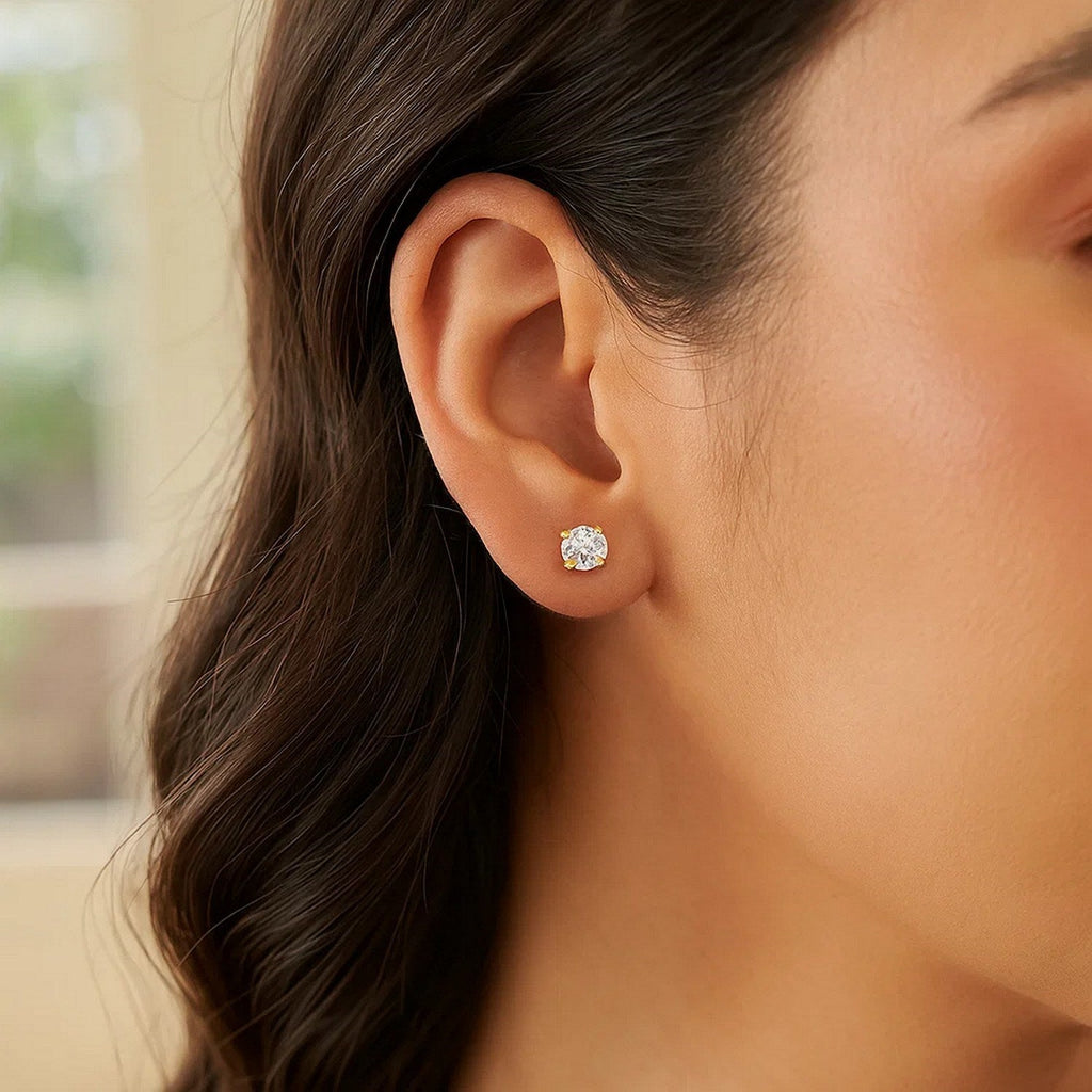 14k Yellow Gold Stud Earrings with White Hue Faceted Cubic Zirconia(4mm)