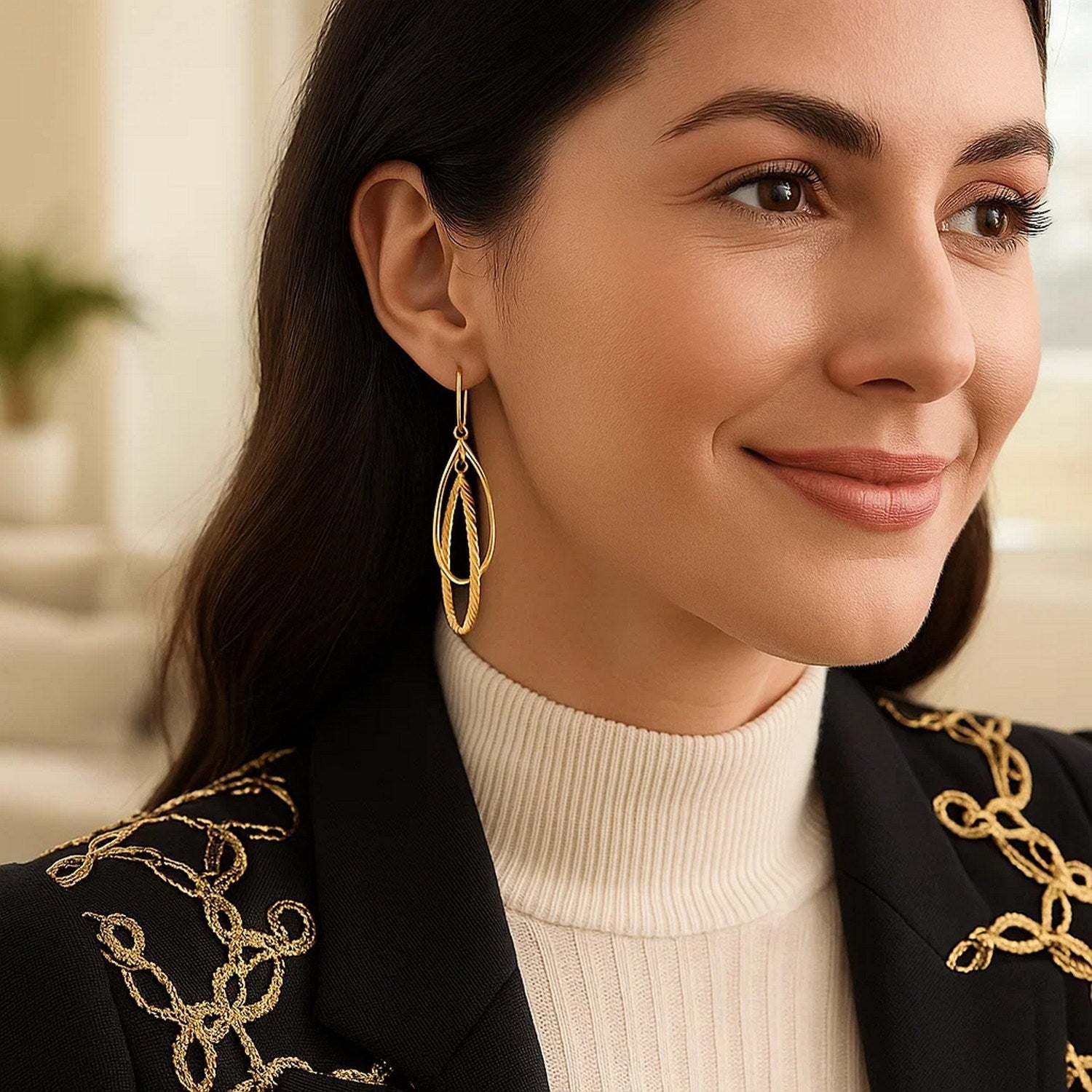 14k Yellow Gold Earrings with Shiny and Textured Teardrop Dangles