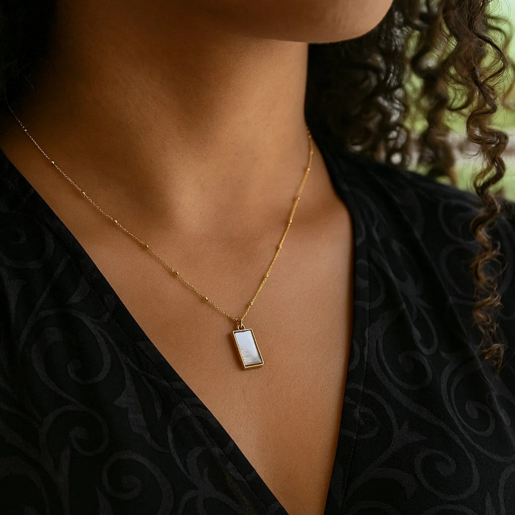 MOP Geometric Gem Rectangle Necklace in 14K Yellow Gold