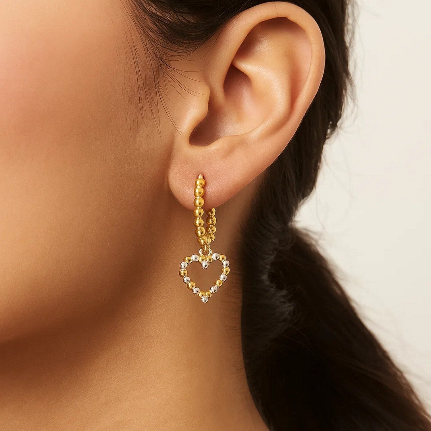 14k Two Tone Gold Beaded Hoop Earrings with Hearts