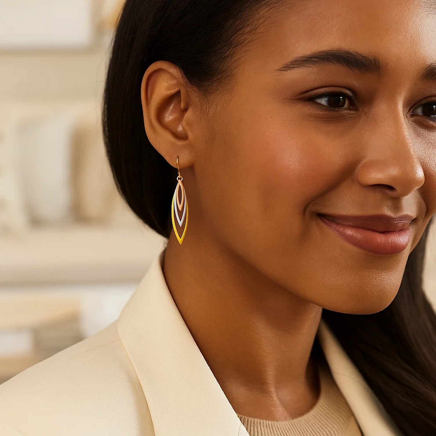 Tri-Tone Graduated Open Marquise Earrings in 10k Yellow,  White,  and Rose Gold