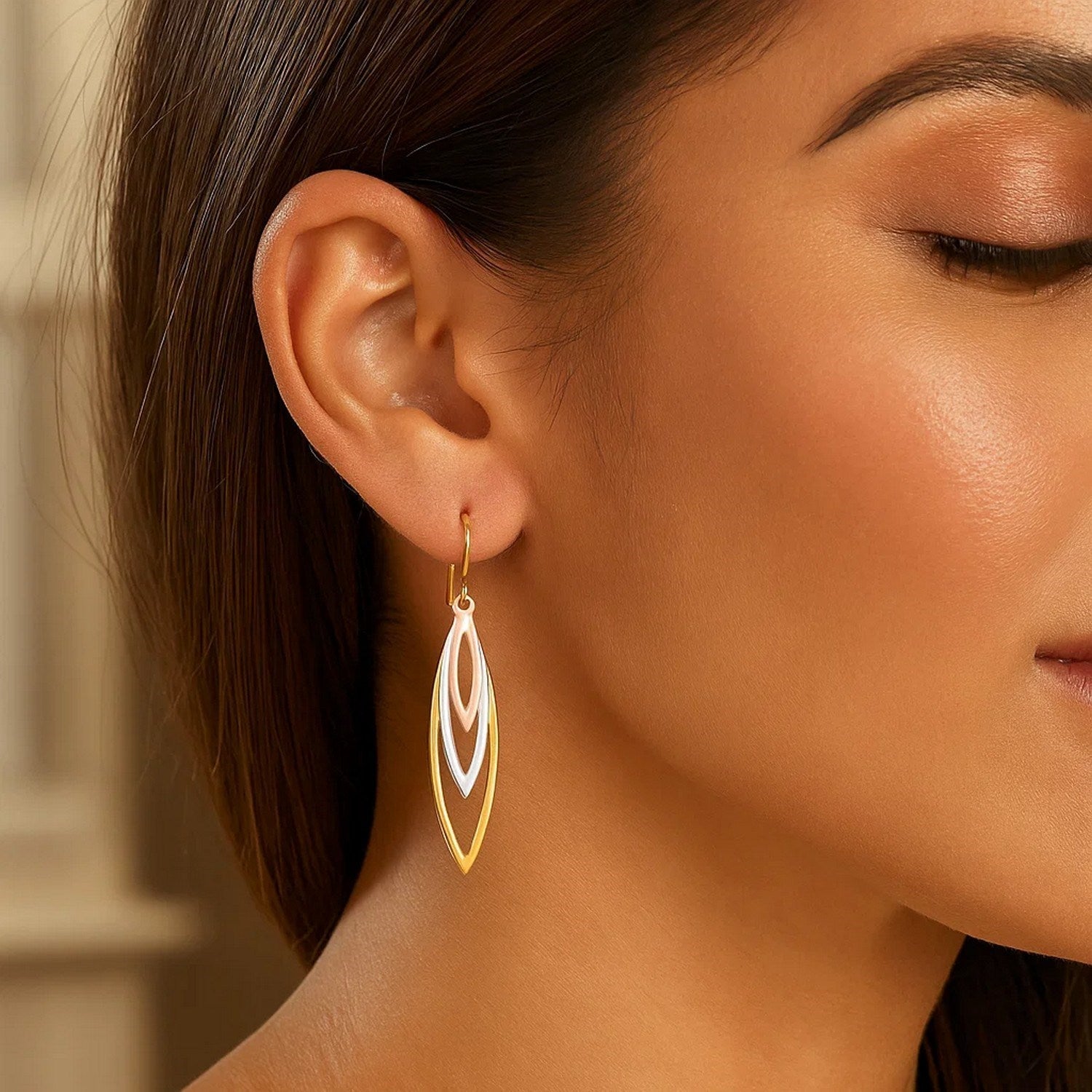 Tri-Tone Graduated Open Marquise Earrings in 10k Yellow,  White,  and Rose Gold