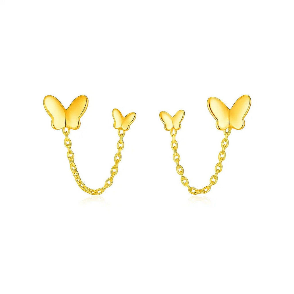 14k Yellow Gold Two Hole Post Earrings with Butterflies