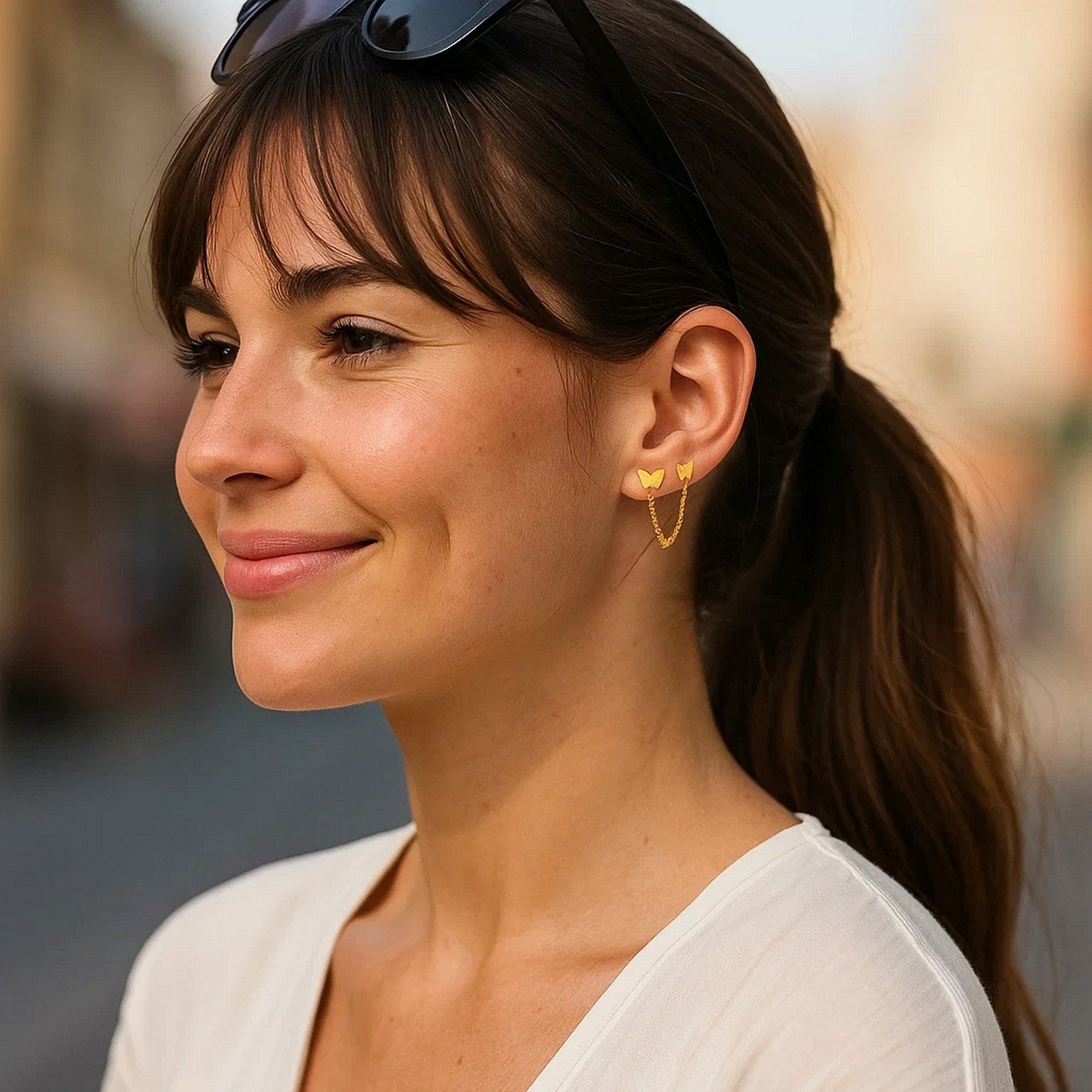 14k Yellow Gold Two Hole Post Earrings with Butterflies