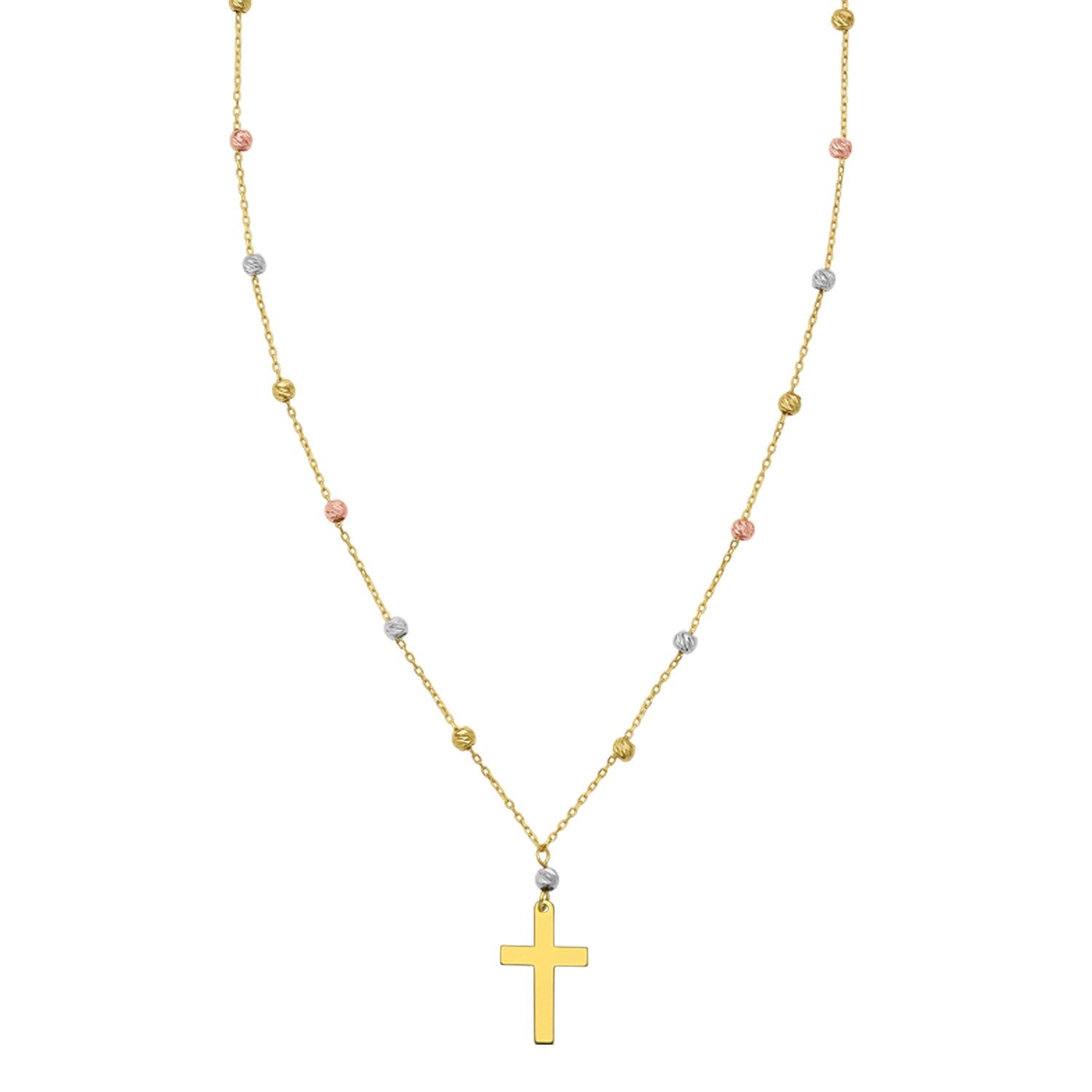 14K Tri Color Gold Beaded Cross Necklace