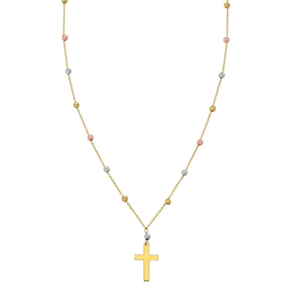 14K Tri Color Gold Beaded Cross Necklace