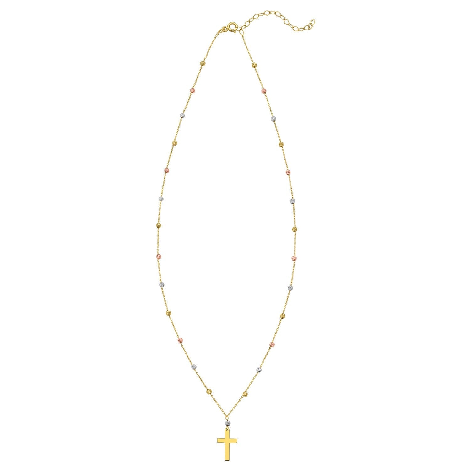14K Tri Color Gold Beaded Cross Necklace