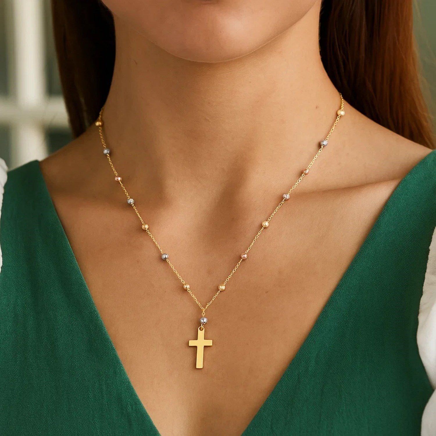 14K Tri Color Gold Beaded Cross Necklace