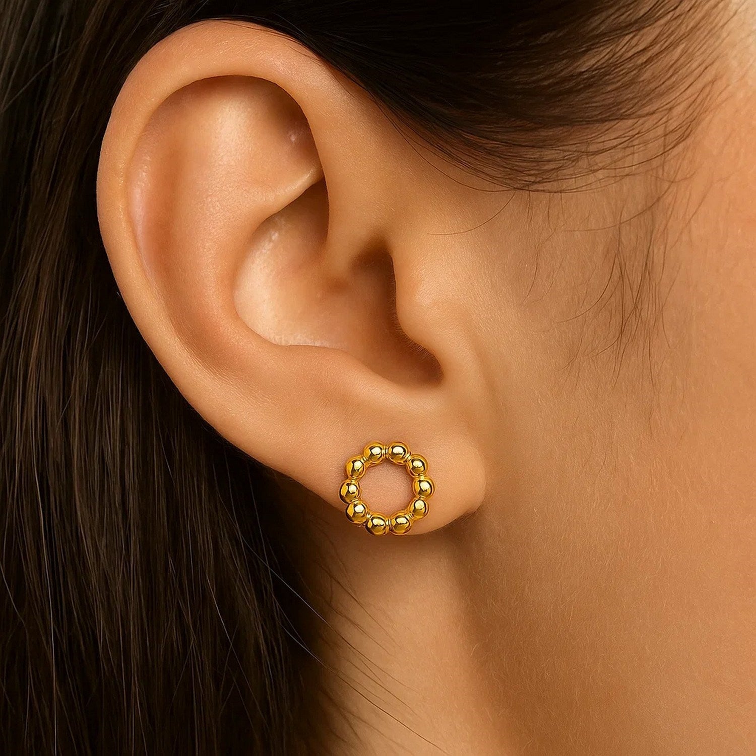 14K Yellow Gold Beaded Circle Earrings(6.8mm)