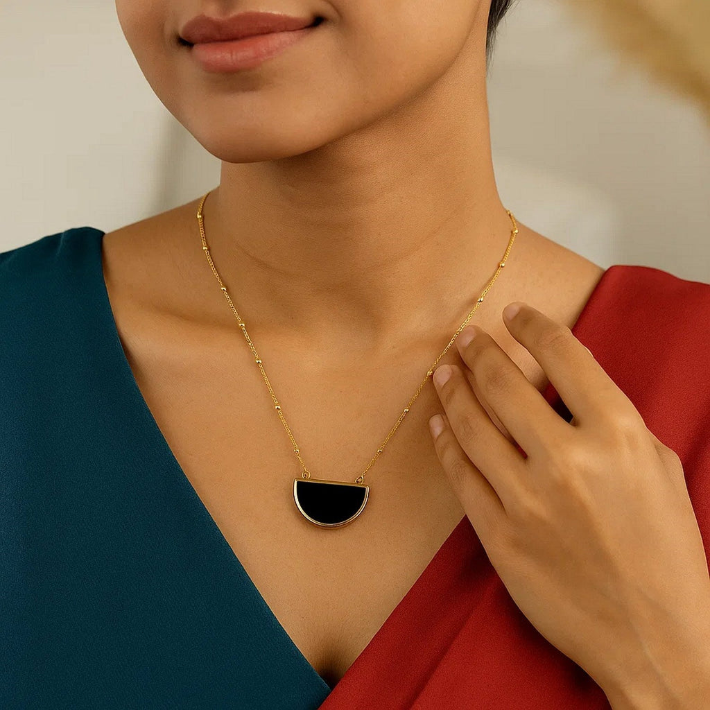 Onyx Geometric Half Moon Necklace in 14K Yellow Gold