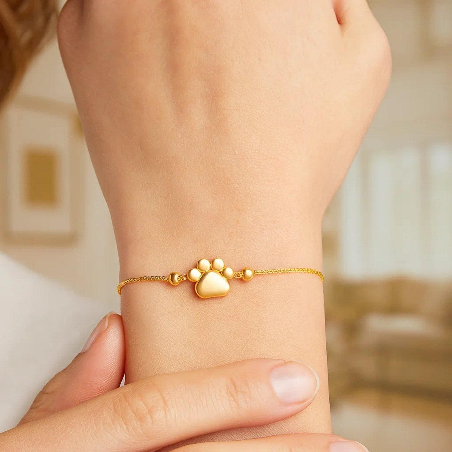 14k Yellow Gold Adjustable Paw Print Bracelet (1.10 mm)