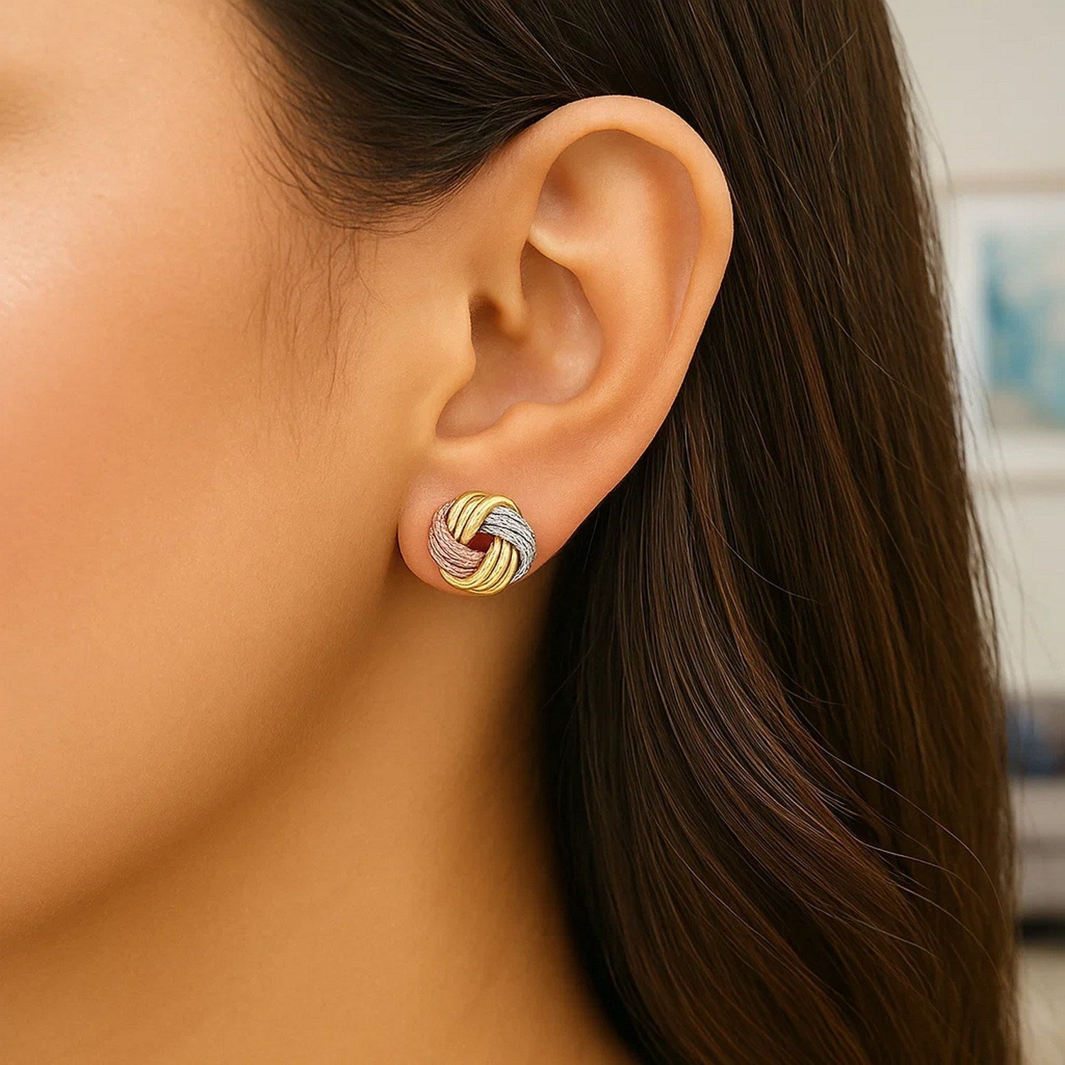 Love Knot Post Earrings in 14k Tri Color Gold