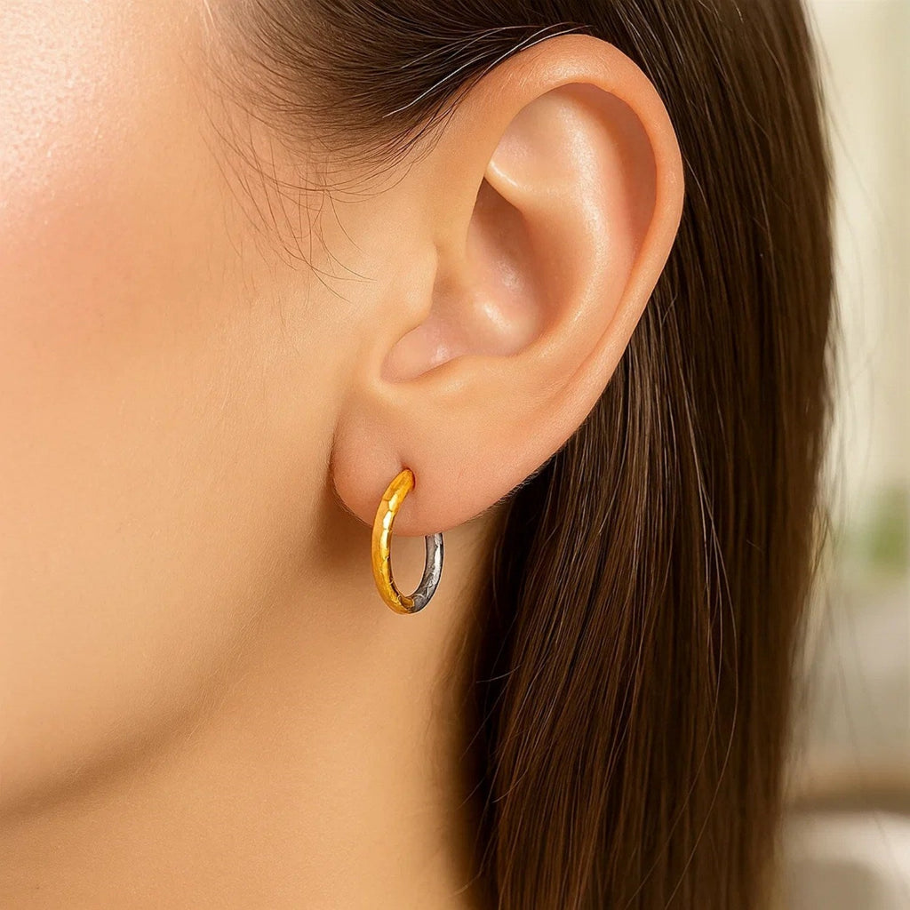 Hammered Hinge Tube Hoop Earrings in 14k Two-Tone Gold(2.5x15mm)