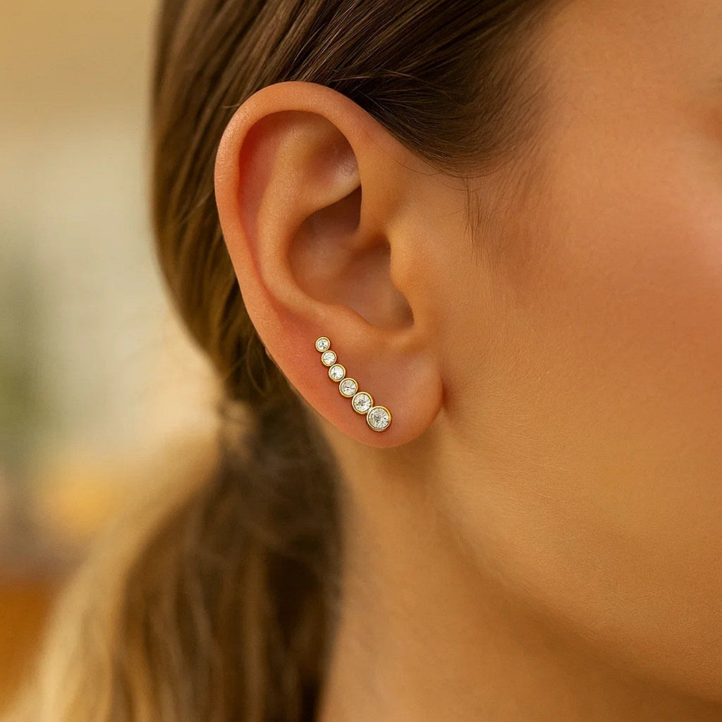 14k Yellow Gold Graduated Circles Climber Post Earrings with Cubic Zirconias