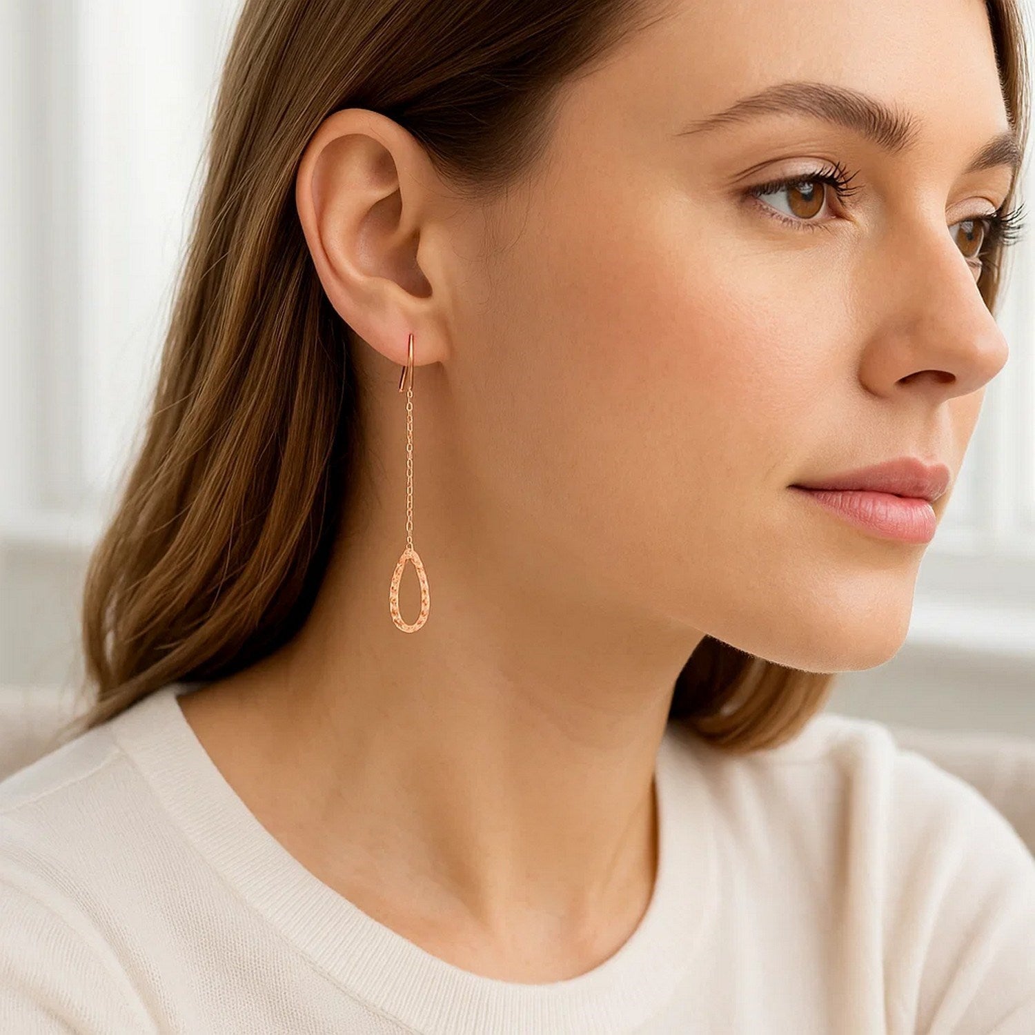 Textured Pear Shaped Long Drop Earrings in 14k Rose Gold