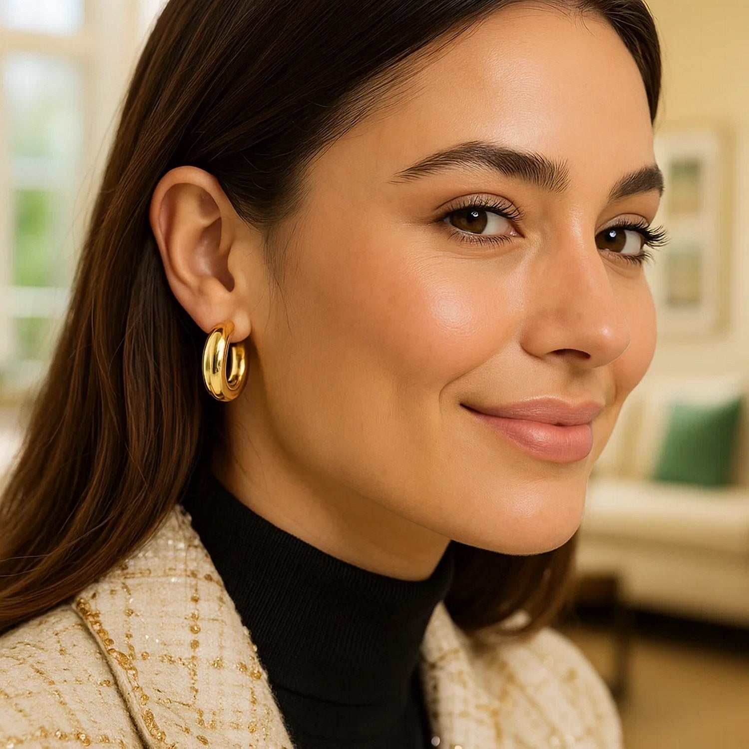 14k Yellow Gold Medium Puffy Hoops