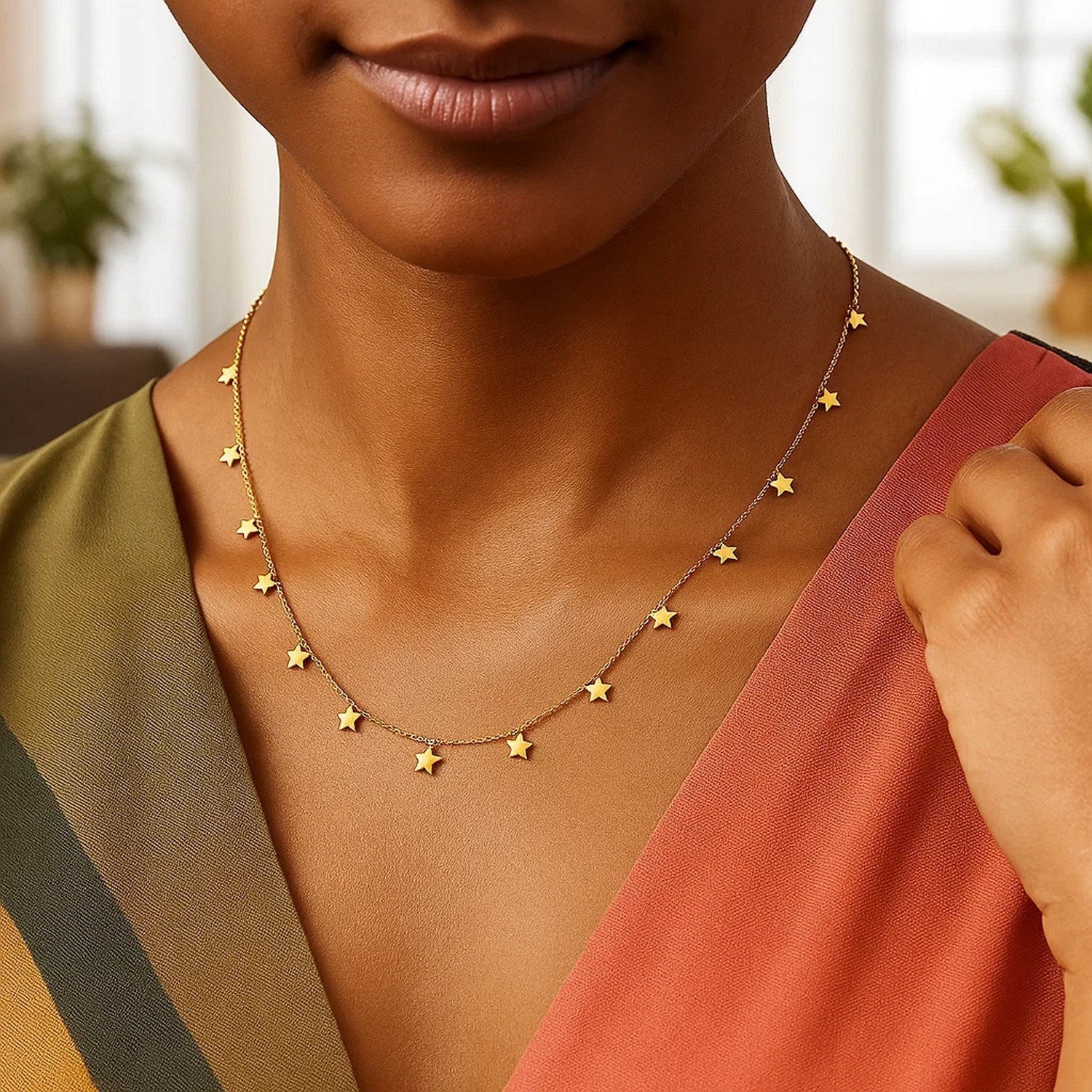 14K Yellow Gold Necklace with Dangling Stars